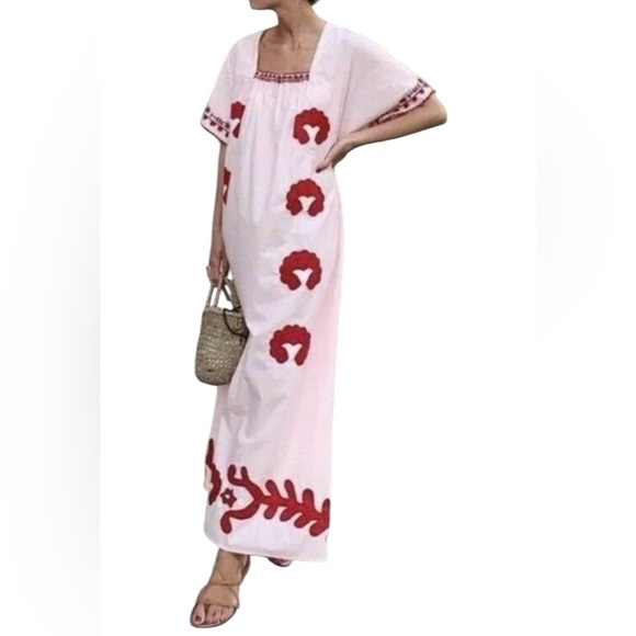 Zara Dresses & Skirts - Zara Bohemian Pink Maxi Dress with Red Embroidery Size Small. D25